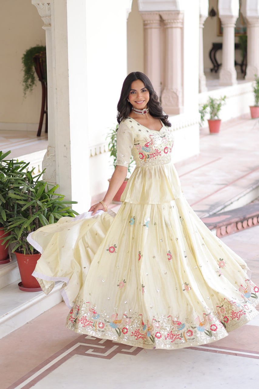 Multi Thread-Embroidered Cream Lehenga Set for Weddings & Functions