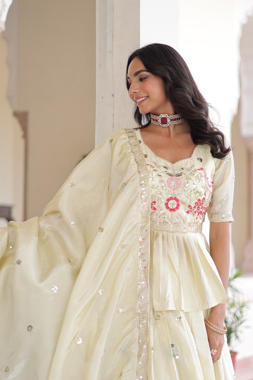 Multi Thread-Embroidered Cream Lehenga Set for Weddings & Functions