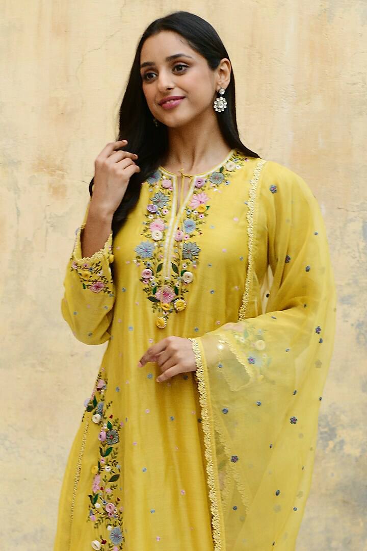 Premium Mustard Yellow Suit Set with Delicate Floral Embroidery & Georgette Dupatta