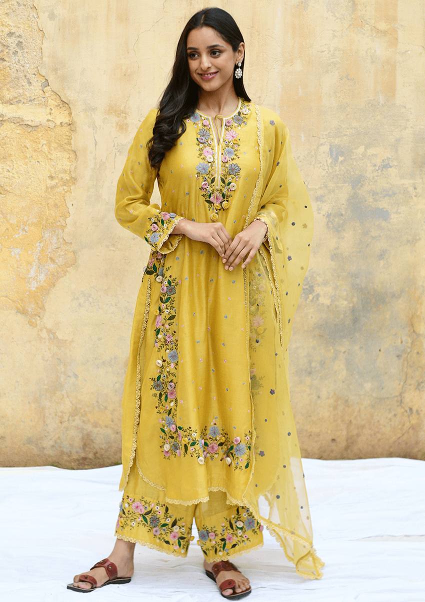 Premium Mustard Yellow Suit Set with Delicate Floral Embroidery & Georgette Dupatta