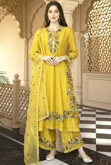 Premium Mustard Yellow Suit Set with Delicate Floral Embroidery & Georgette Dupatta