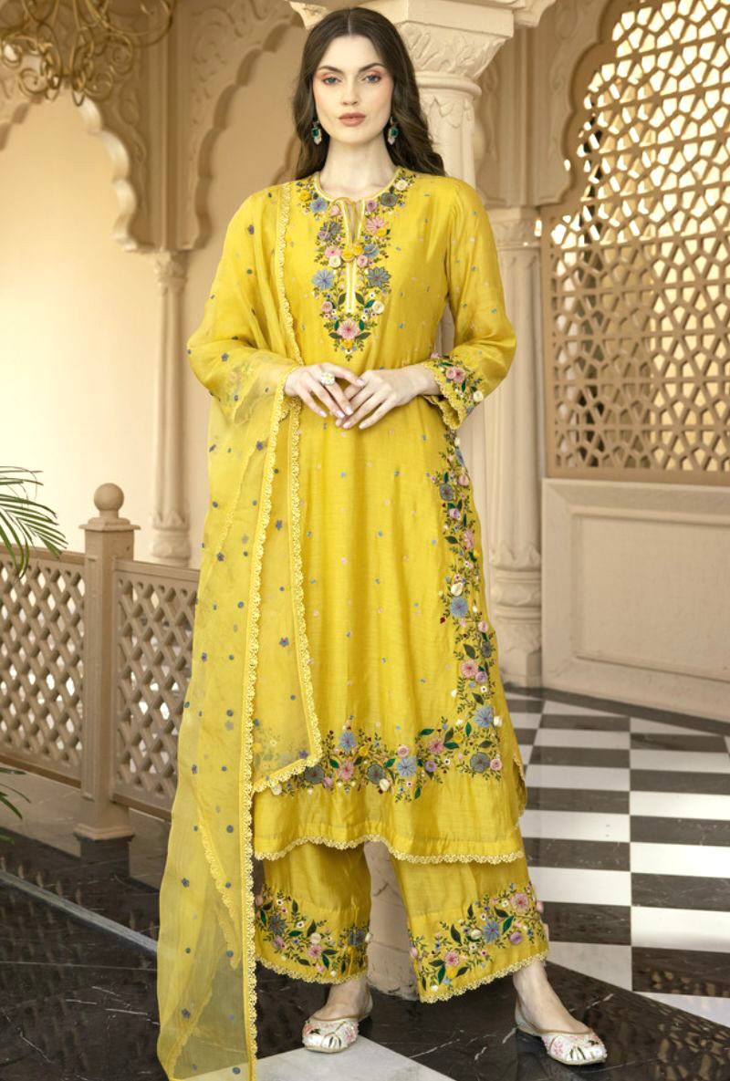 Premium Mustard Yellow Suit Set with Delicate Floral Embroidery & Georgette Dupatta