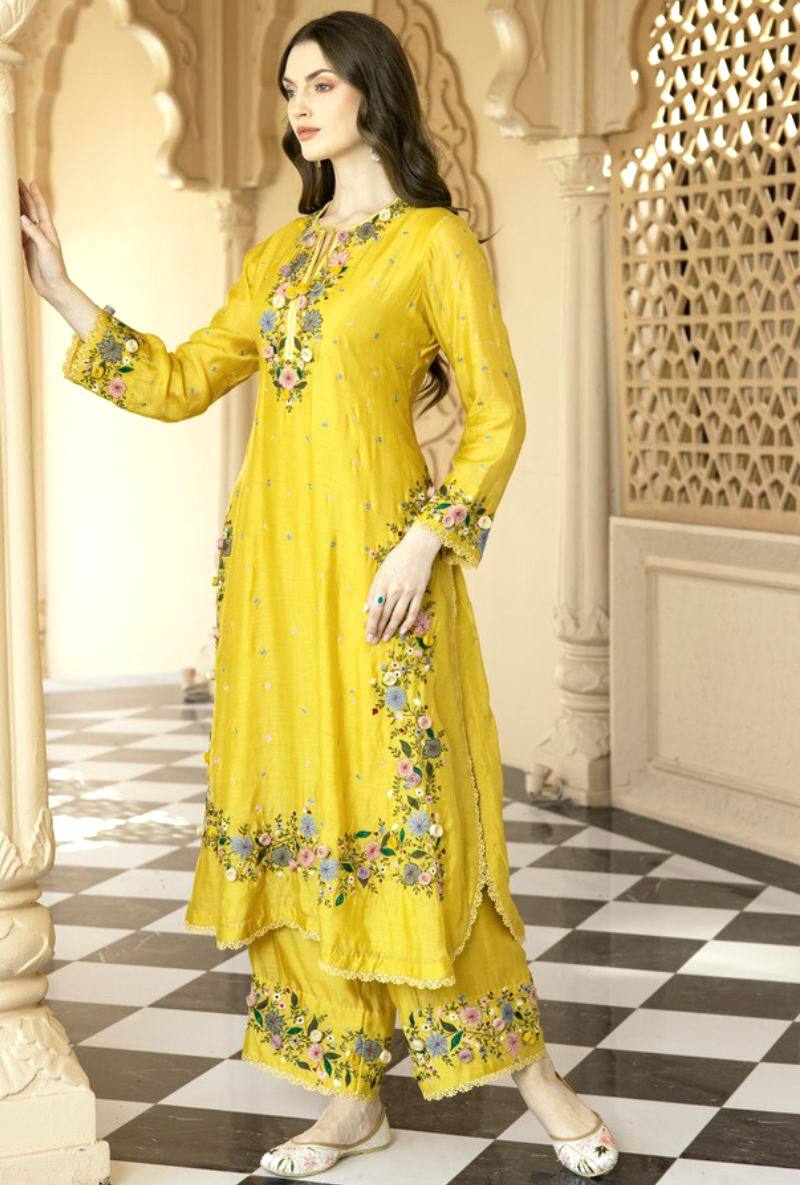 Premium Mustard Yellow Suit Set with Delicate Floral Embroidery & Georgette Dupatta