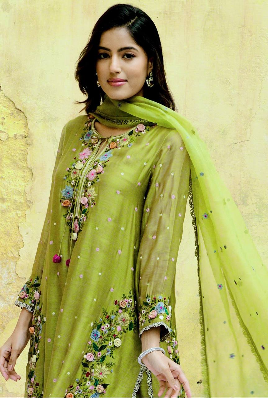 Premium Mustard Yellow Suit Set with Delicate Floral Embroidery & Georgette Dupatta