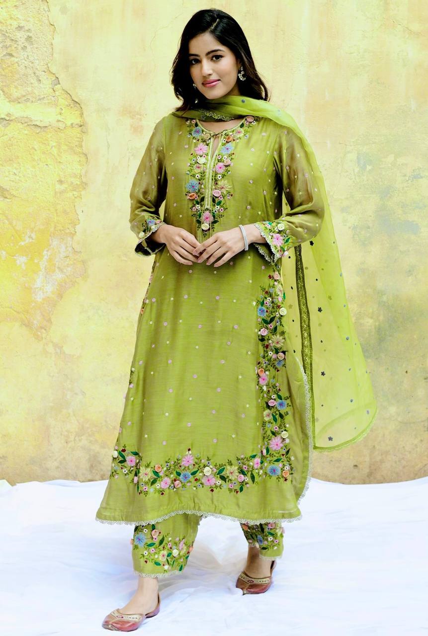 Premium Mustard Yellow Suit Set with Delicate Floral Embroidery & Georgette Dupatta