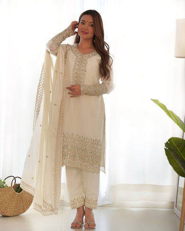 Heavy Designer White Sequins Chinon Silk Traditional Pant Suit