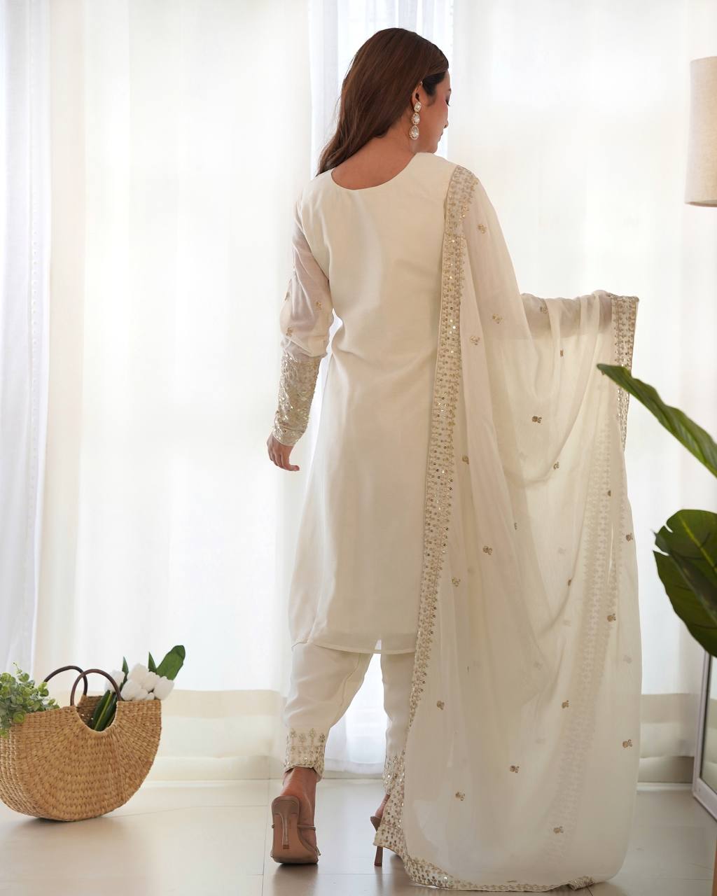 Heavy Designer White Sequins Chinon Silk Traditional Pant Suit