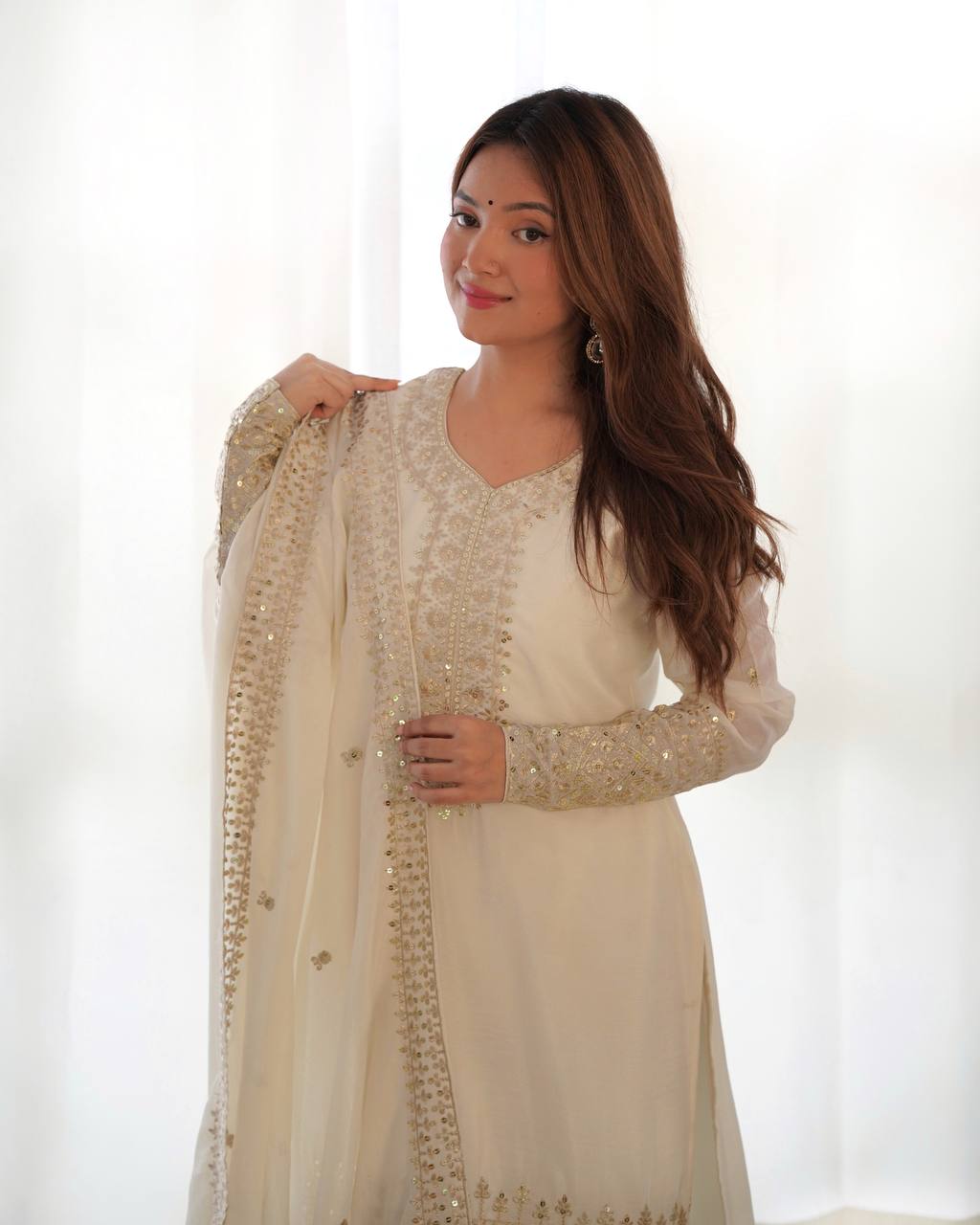 Heavy Designer White Sequins Chinon Silk Traditional Pant Suit