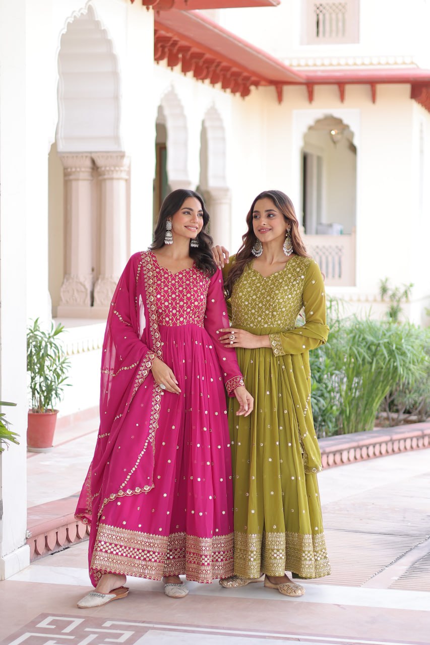 Rani Pink Embroidered Anarkali Kurta Set with Dupatta For Festive Wear