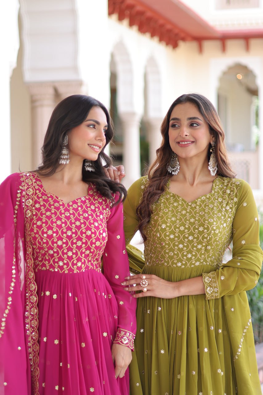 Rani Pink Embroidered Anarkali Kurta Set with Dupatta For Festive Wear