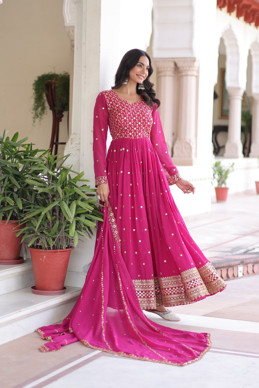 Rani Pink Embroidered Anarkali Kurta Set with Dupatta For Festive Wear