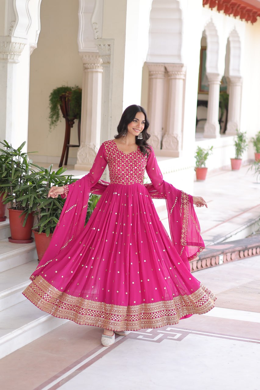 Rani Pink Embroidered Anarkali Kurta Set with Dupatta For Festive Wear