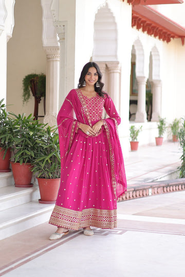 Rani Pink Embroidered Anarkali Kurta Set with Dupatta For Festive Wear
