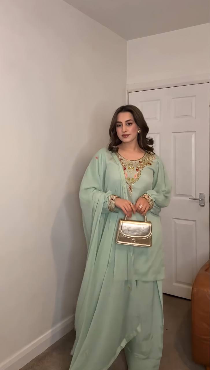 Pastel Perfection Mint Green Kurta Set with Dupatta For Women