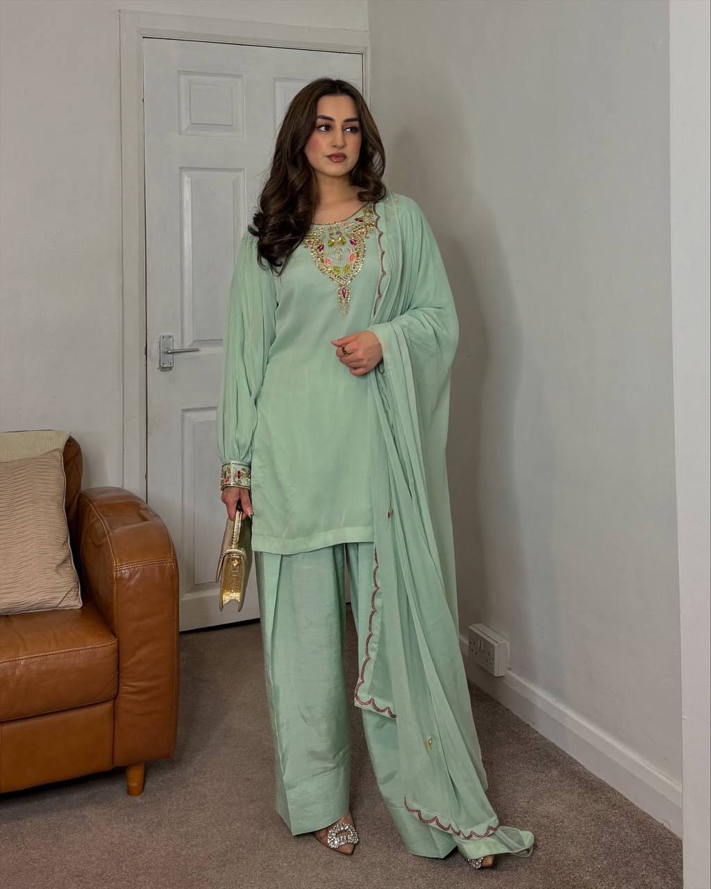 Pastel Perfection Mint Green Kurta Set with Dupatta For Women