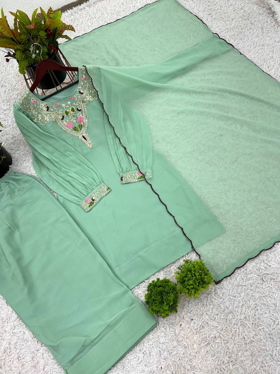 Pastel Perfection Mint Green Kurta Set with Dupatta For Women