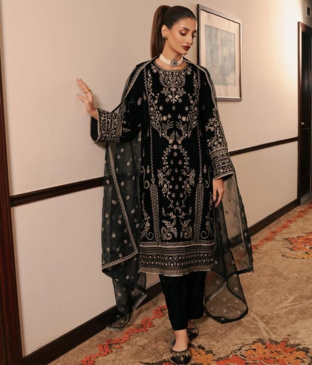 Luxury Black Salwar Suit with Silver Embroidery Work For Festive Wear