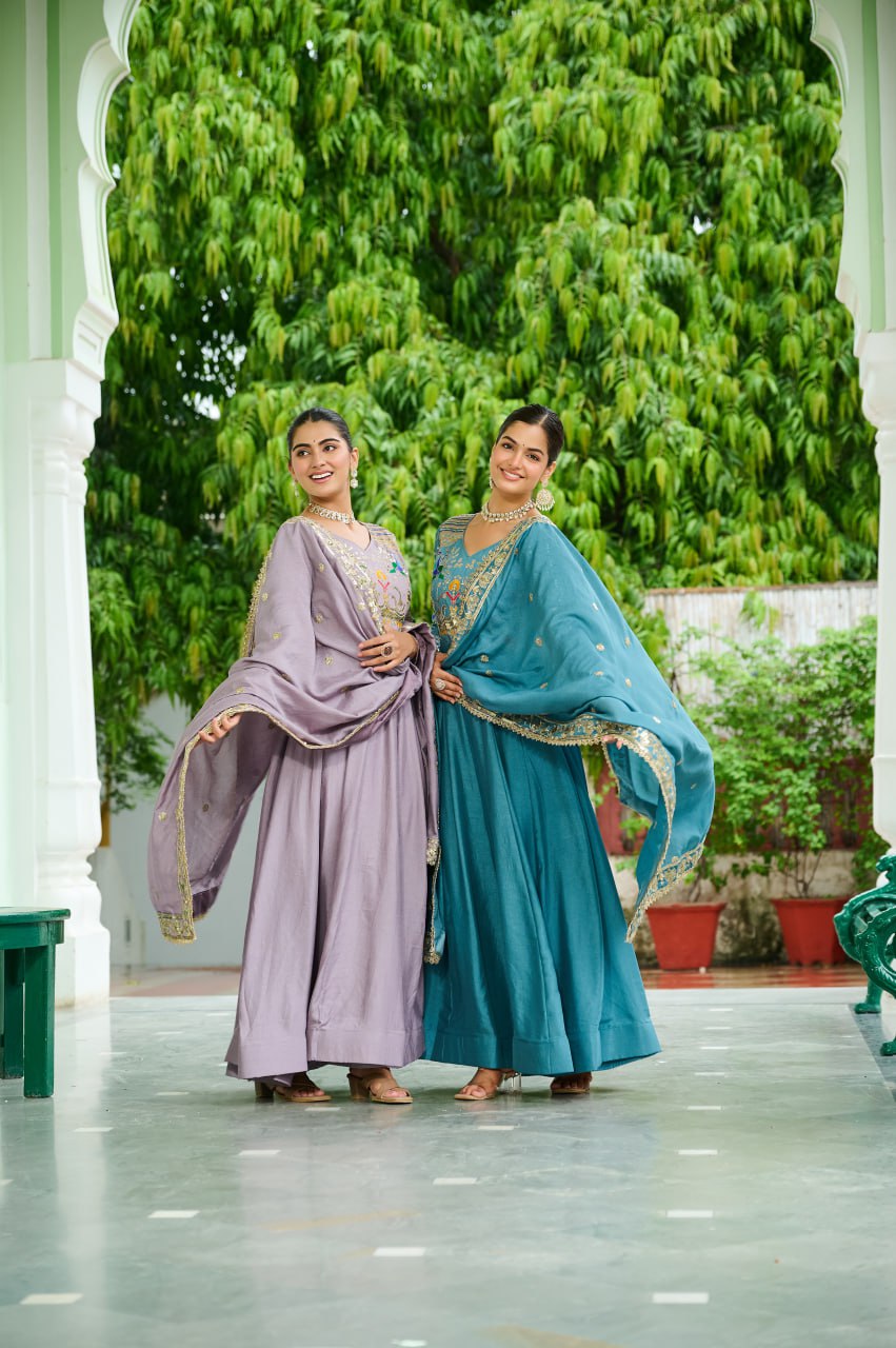 Traditional Sky Blue Anarkali Dress with Multicolor Embroidery