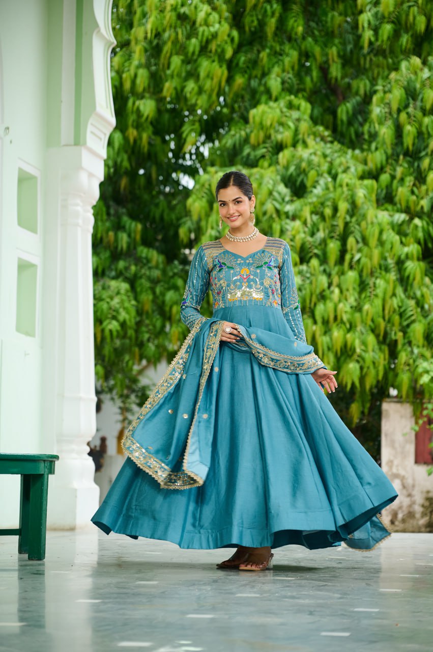 Traditional Sky Blue Anarkali Dress with Multicolor Embroidery