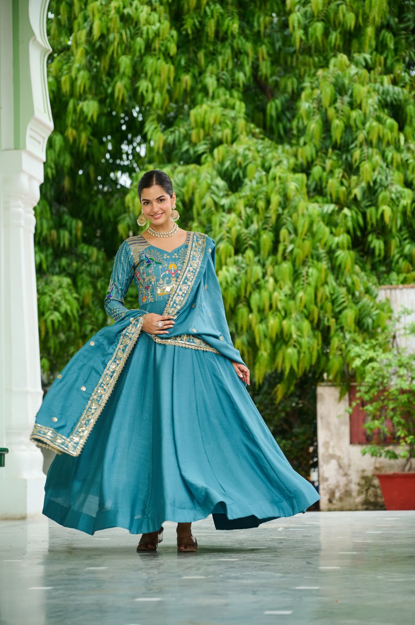 Traditional Sky Blue Anarkali Dress with Multicolor Embroidery
