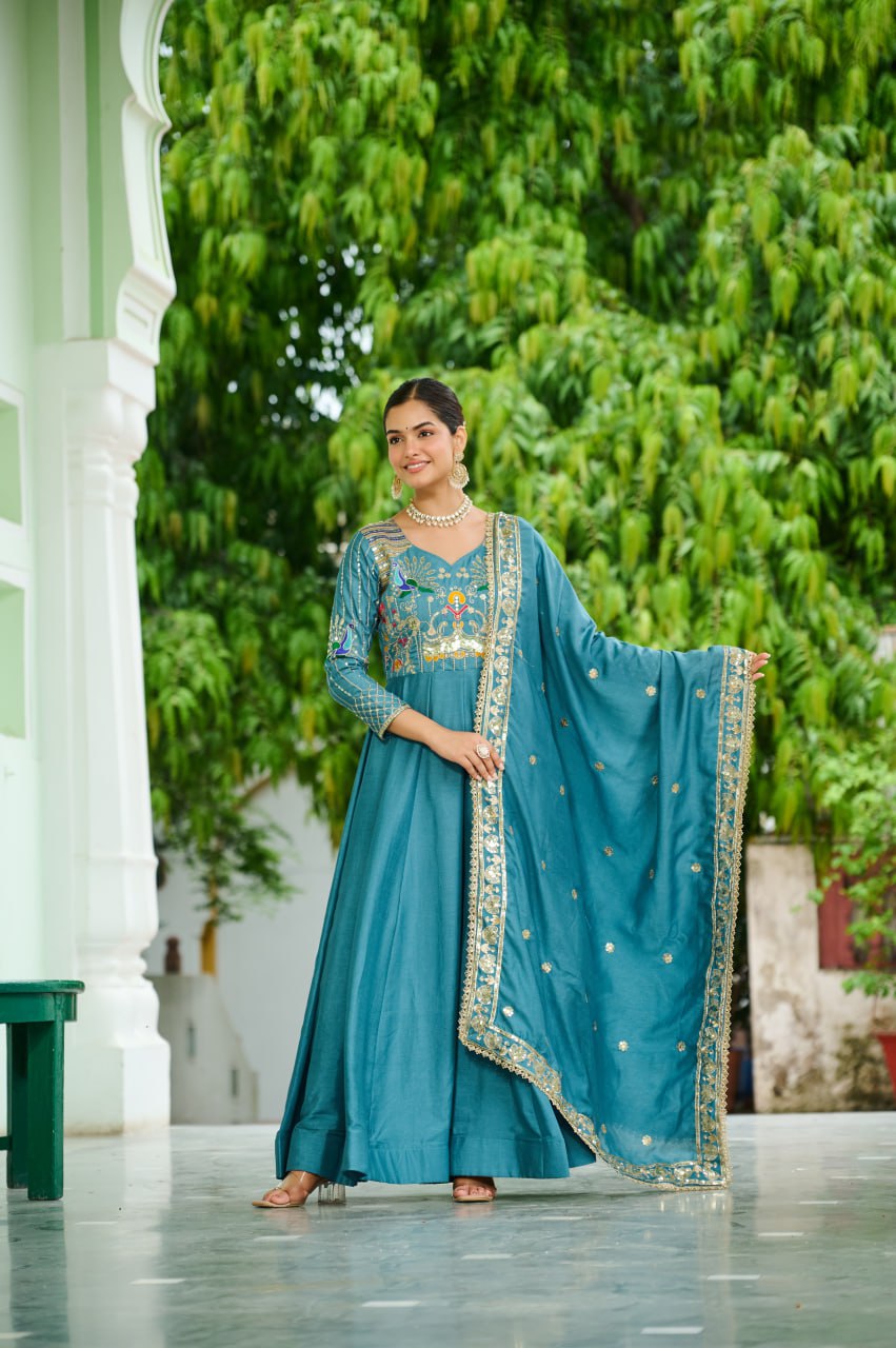 Traditional Sky Blue Anarkali Dress with Multicolor Embroidery