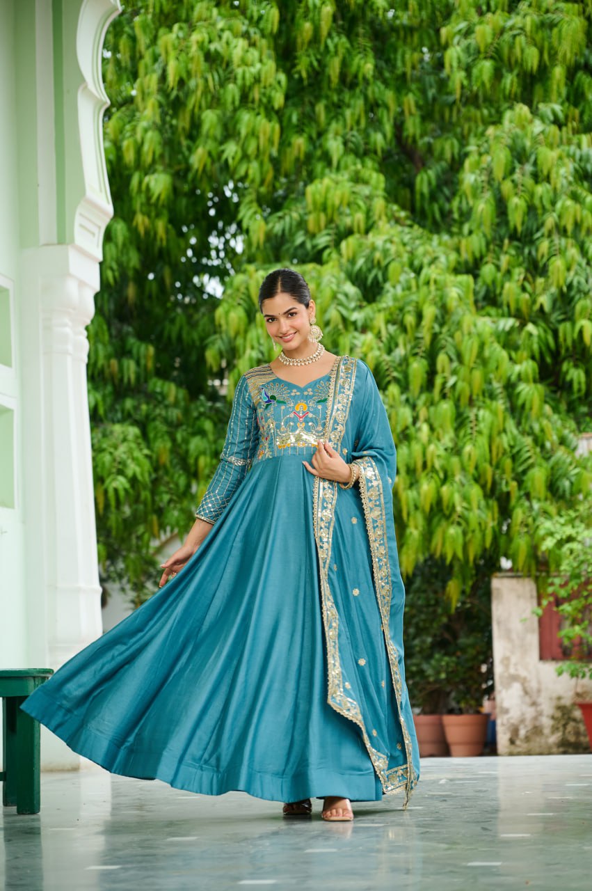 Traditional Sky Blue Anarkali Dress with Multicolor Embroidery