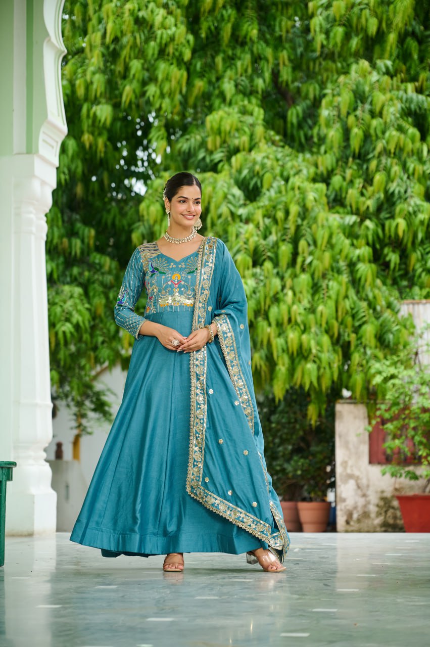 Traditional Sky Blue Anarkali Dress with Multicolor Embroidery