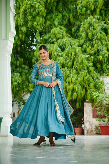Traditional Sky Blue Anarkali Dress with Multicolor Embroidery