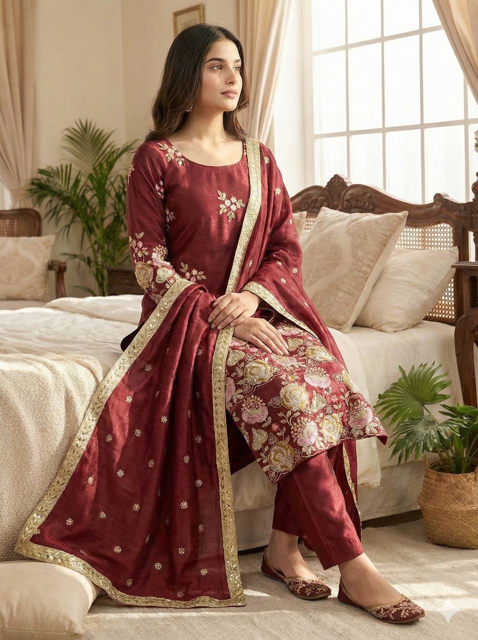Majestic Maroon Elegance Suit Set with Ornate Floral Detailing