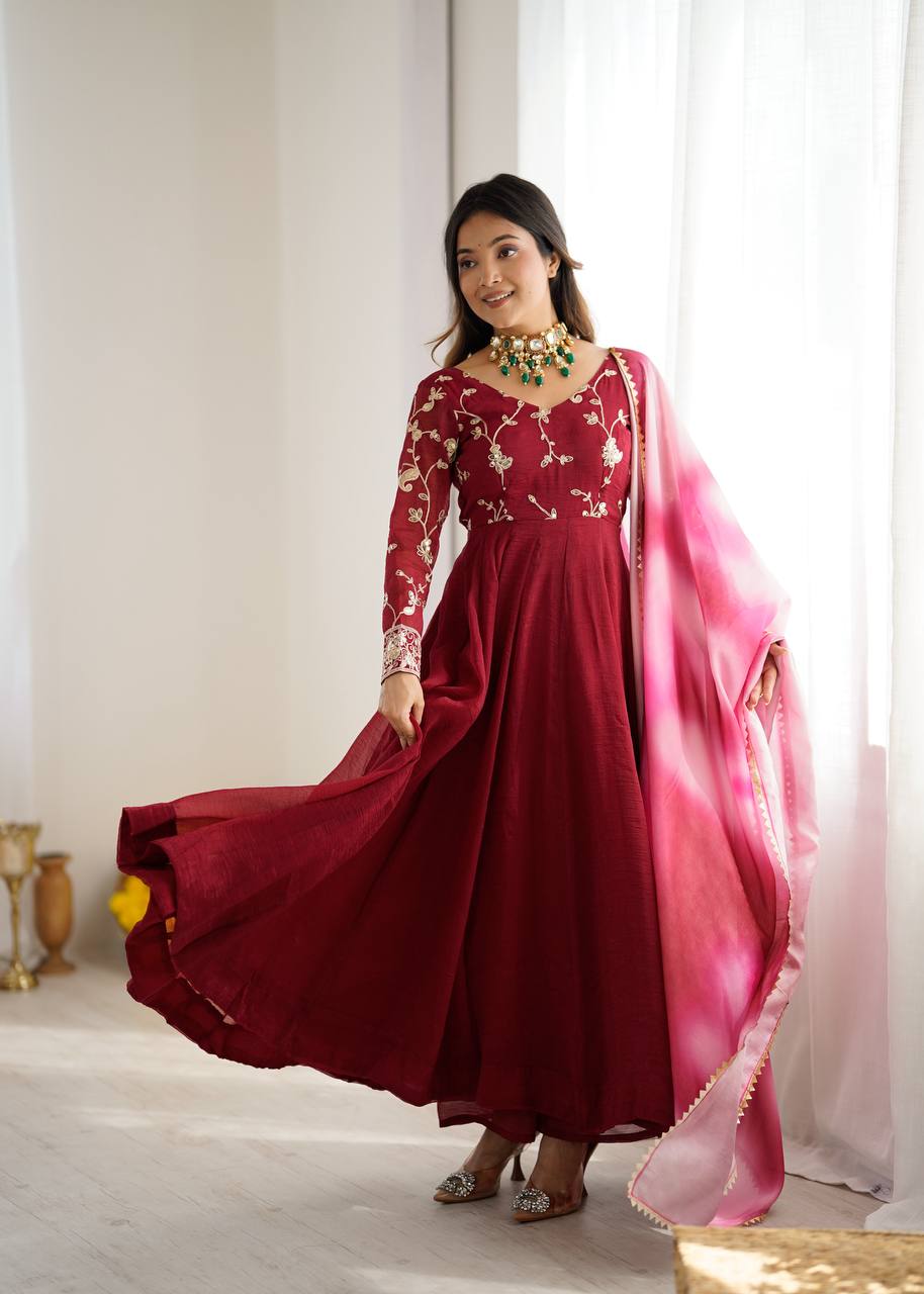 Maroon Embroidered Anarkali Gown with Dupatta For Women Wear