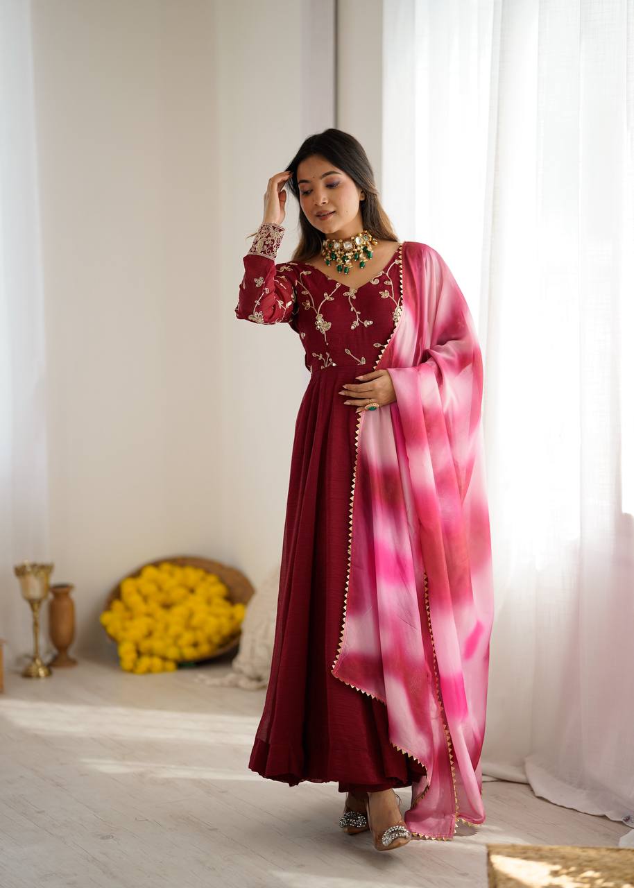 Maroon Embroidered Anarkali Gown with Dupatta For Women Wear