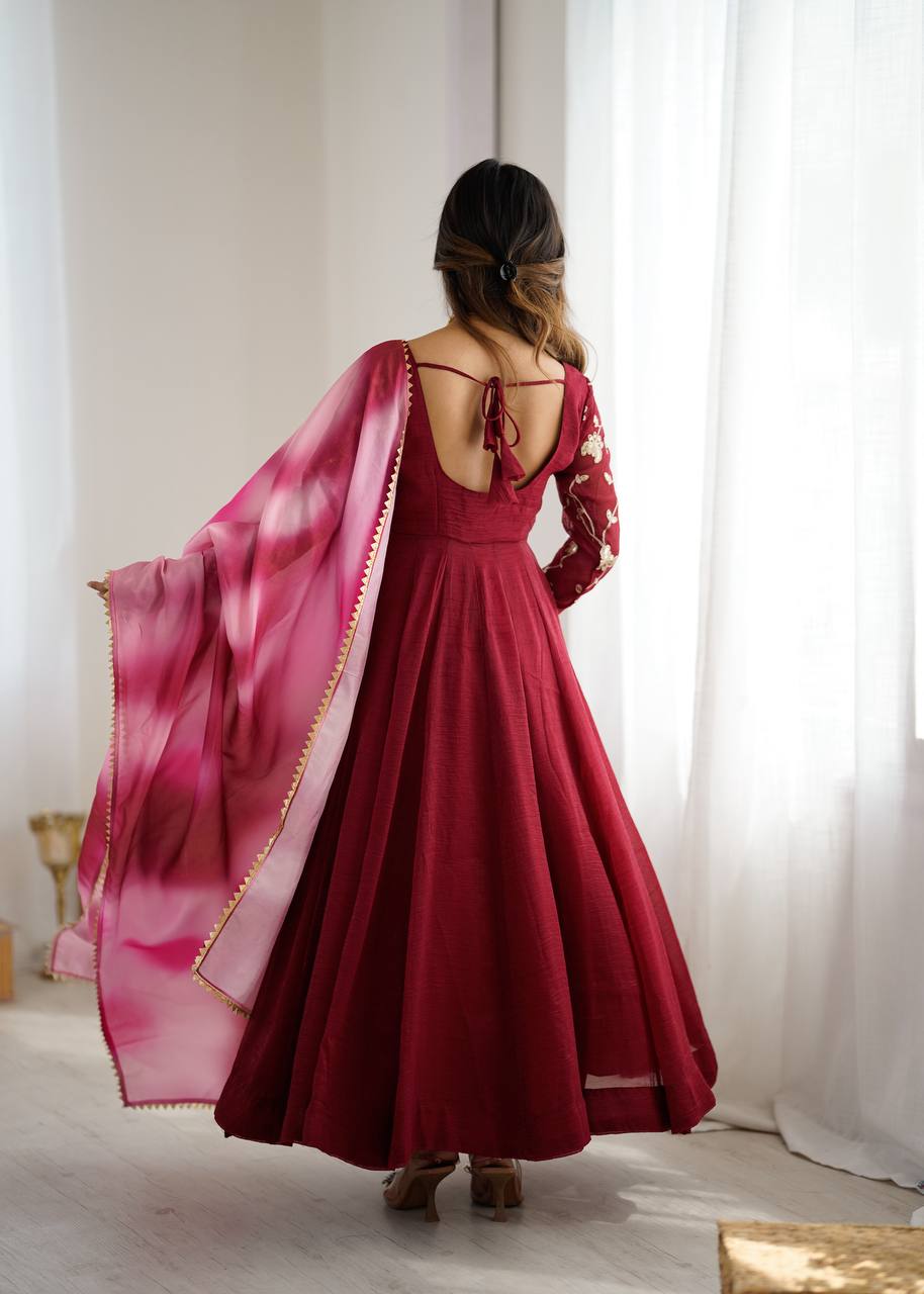 Maroon Embroidered Anarkali Gown with Dupatta For Women Wear