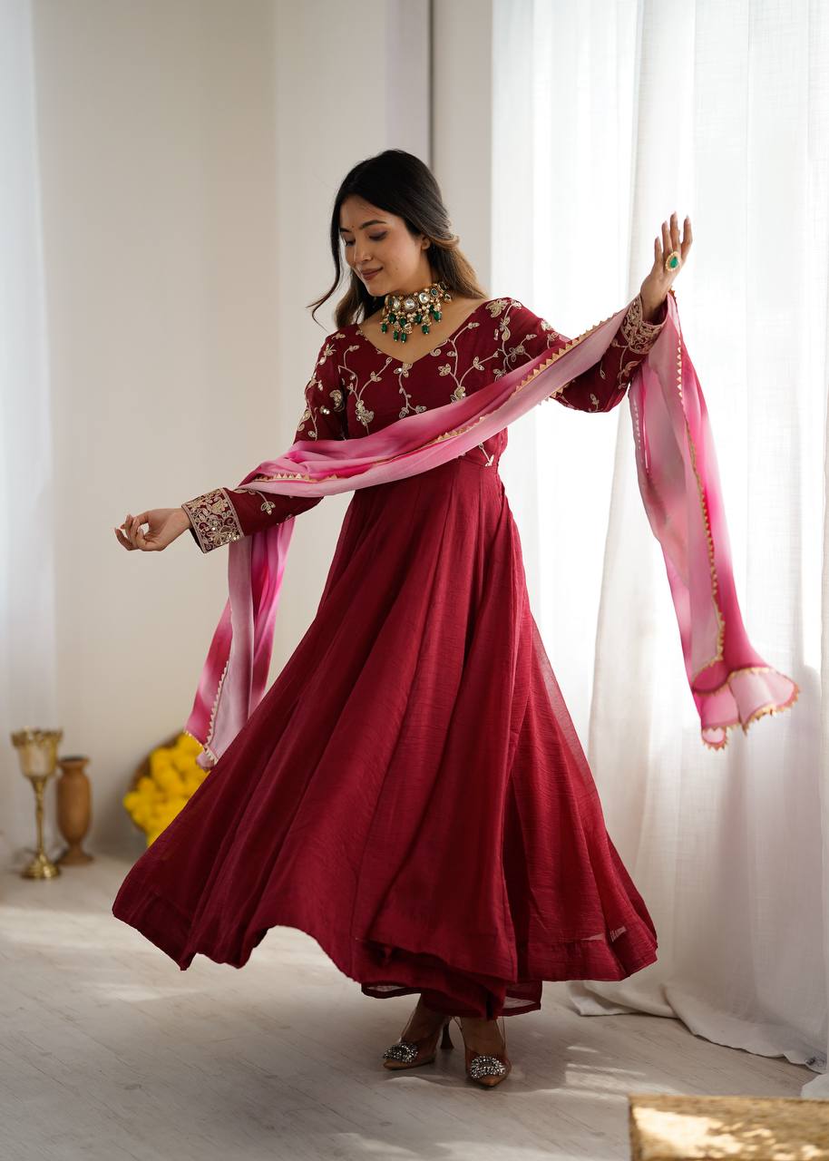 Maroon Embroidered Anarkali Gown with Dupatta For Women Wear