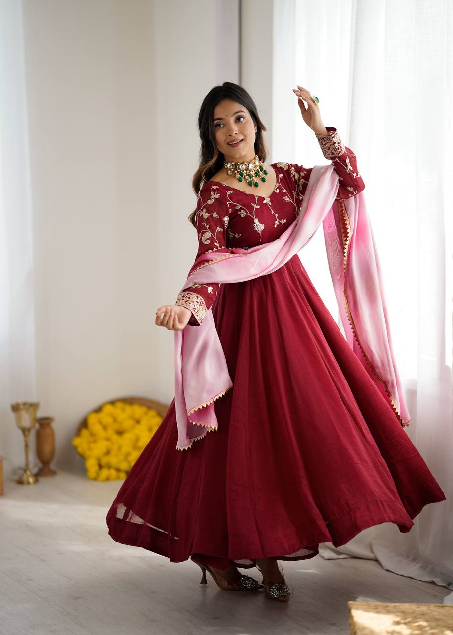 Maroon Embroidered Anarkali Gown with Dupatta For Women Wear