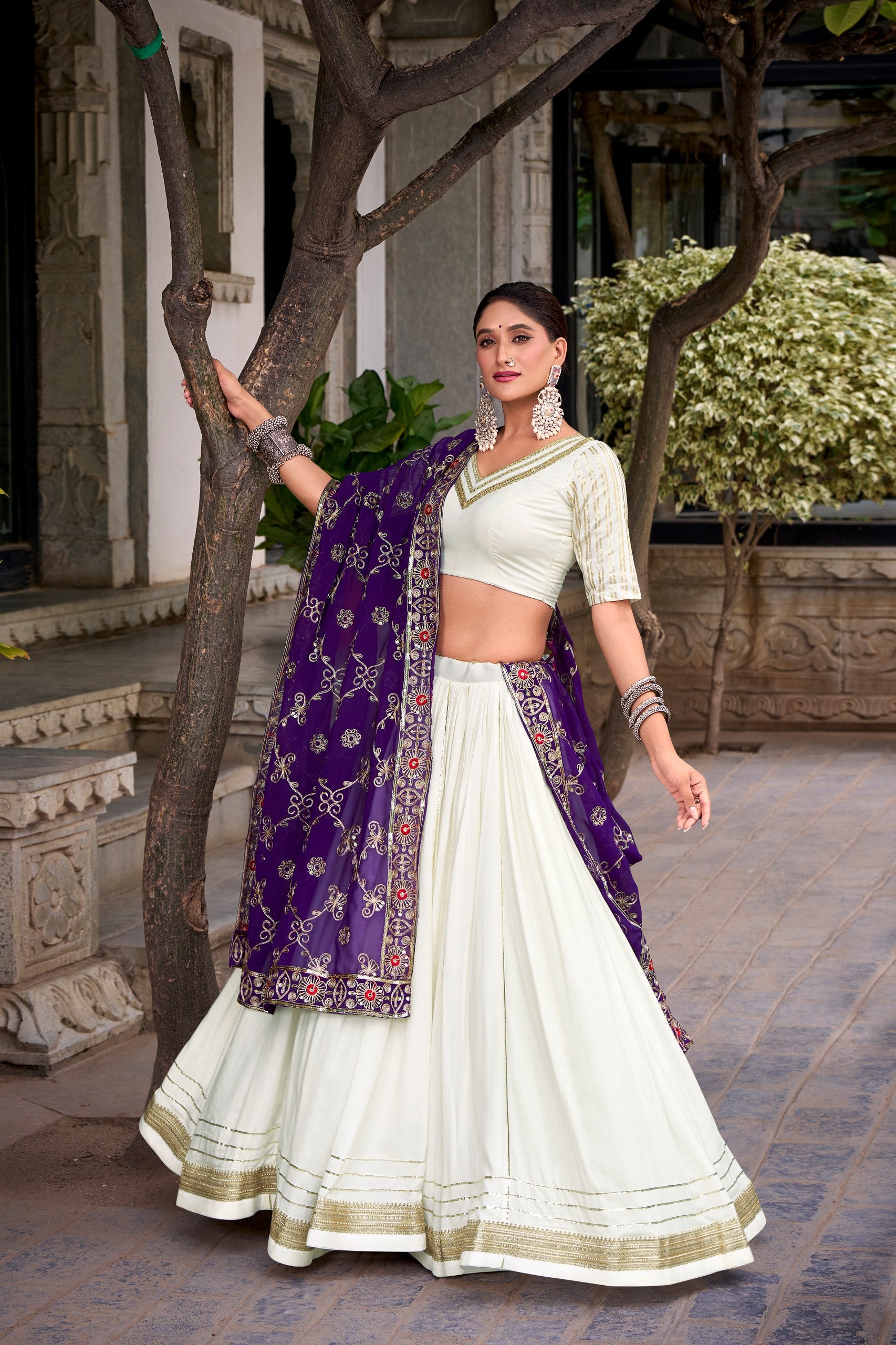 Ivory White Lehenga Choli with Purple Embroidered Dupatta For Festive Wear
