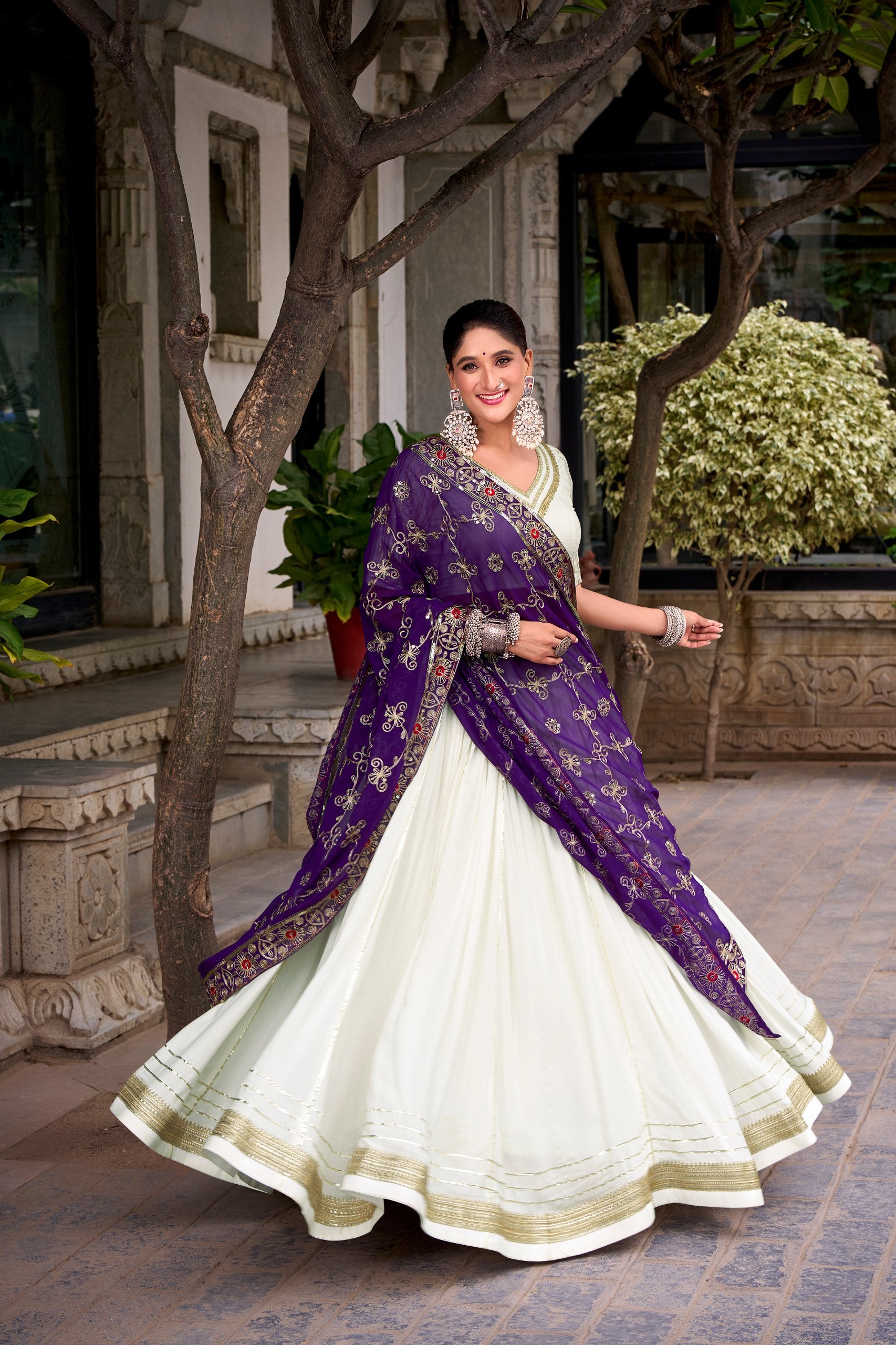 Ivory White Lehenga Choli with Purple Embroidered Dupatta For Festive Wear