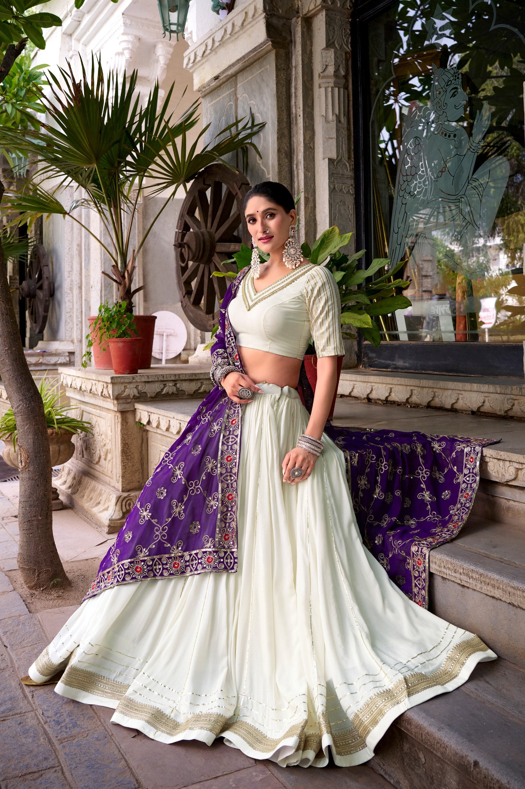 Ivory White Lehenga Choli with Purple Embroidered Dupatta For Festive Wear
