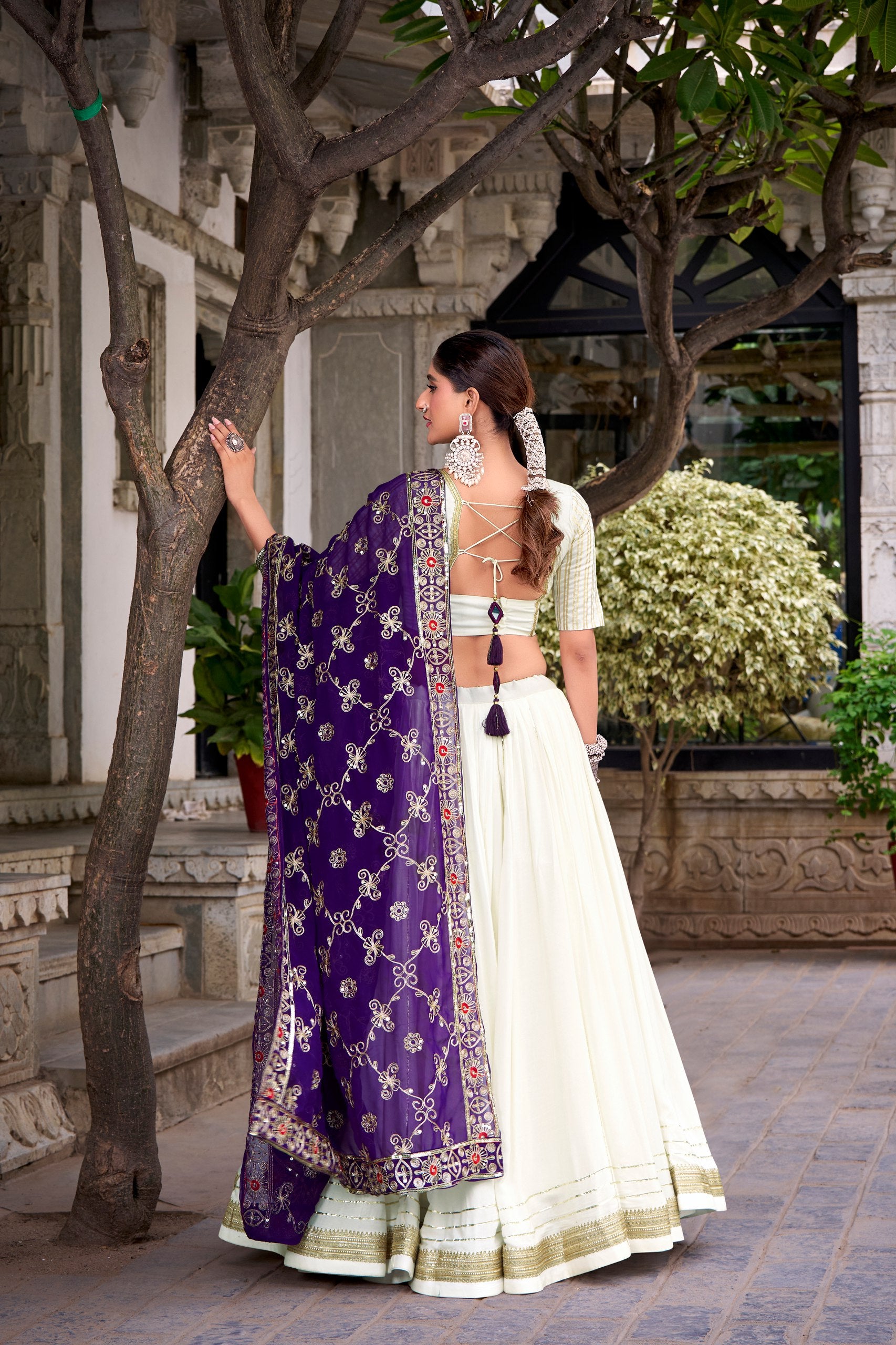 Ivory White Lehenga Choli with Purple Embroidered Dupatta For Festive Wear
