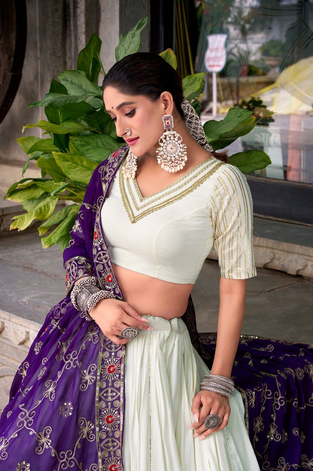 Ivory White Lehenga Choli with Purple Embroidered Dupatta For Festive Wear