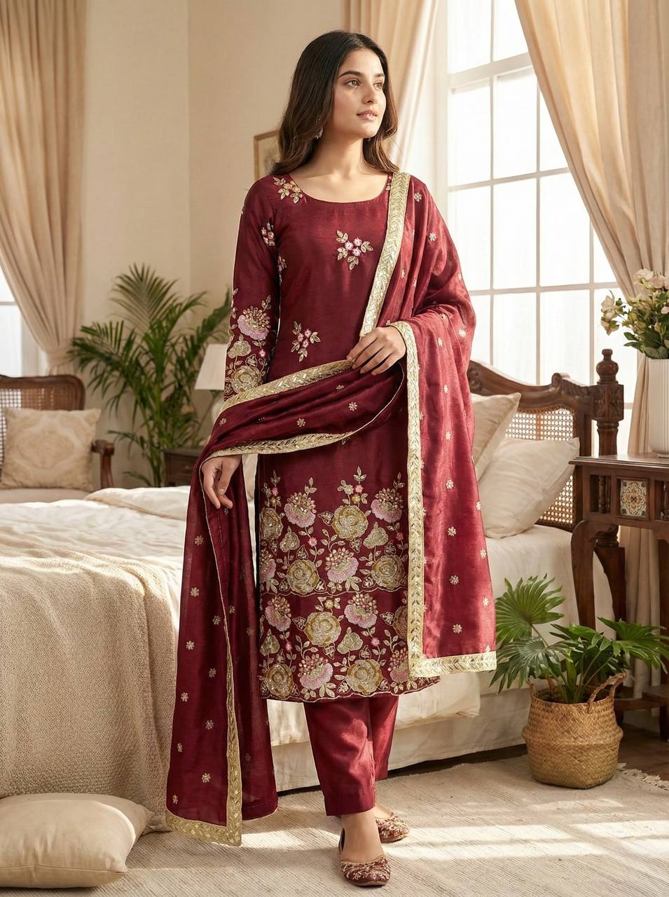 Majestic Maroon Elegance Suit Set with Ornate Floral Detailing