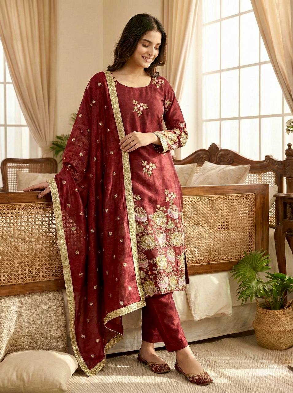 Majestic Maroon Elegance Suit Set with Ornate Floral Detailing
