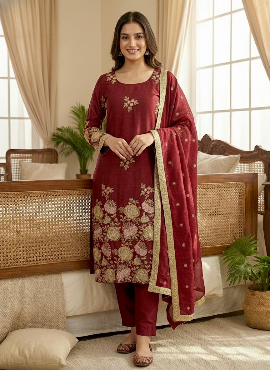 Majestic Maroon Elegance Suit Set with Ornate Floral Detailing
