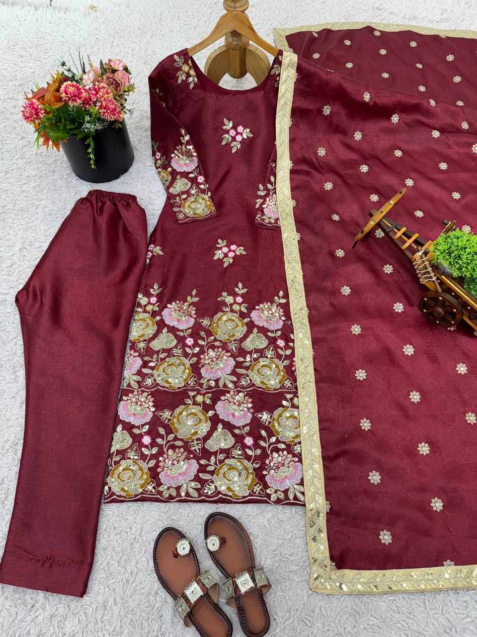 Majestic Maroon Elegance Suit Set with Ornate Floral Detailing