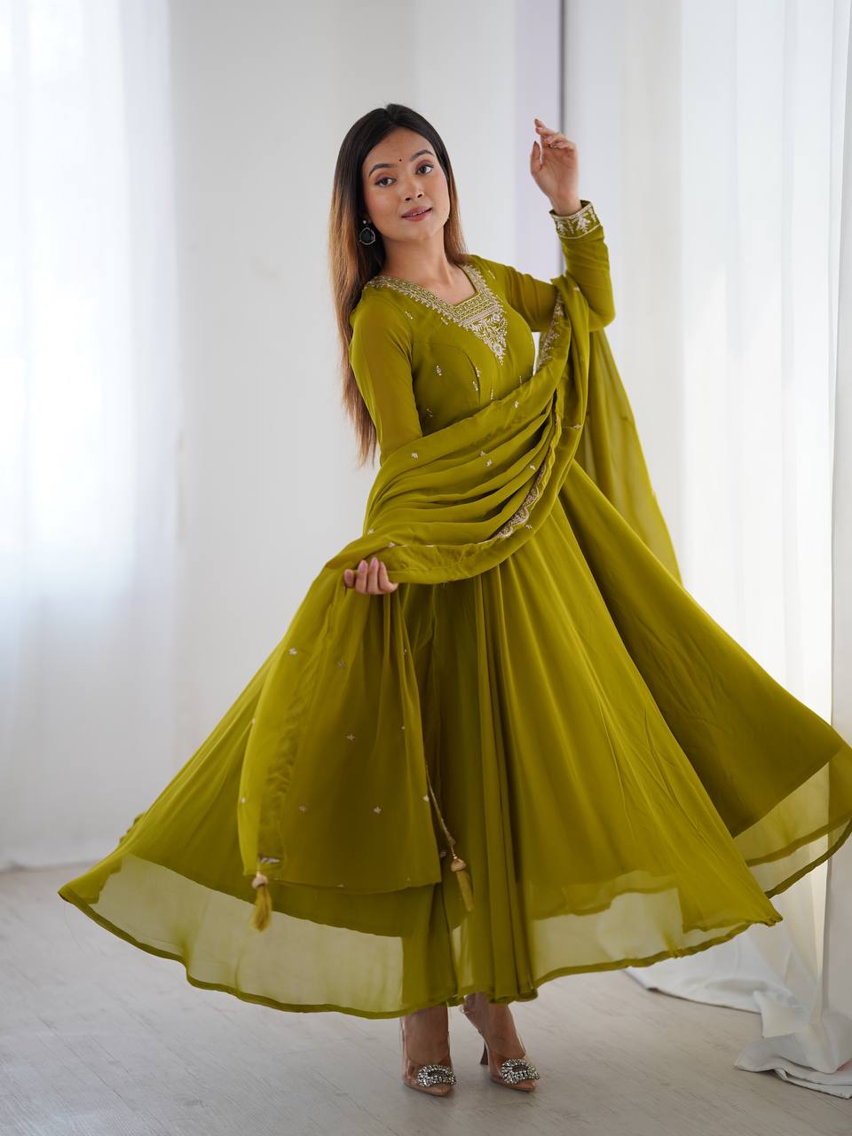 Stunning Mehendi Green Embroidered Georgette Anarkali Suit With Dupatta