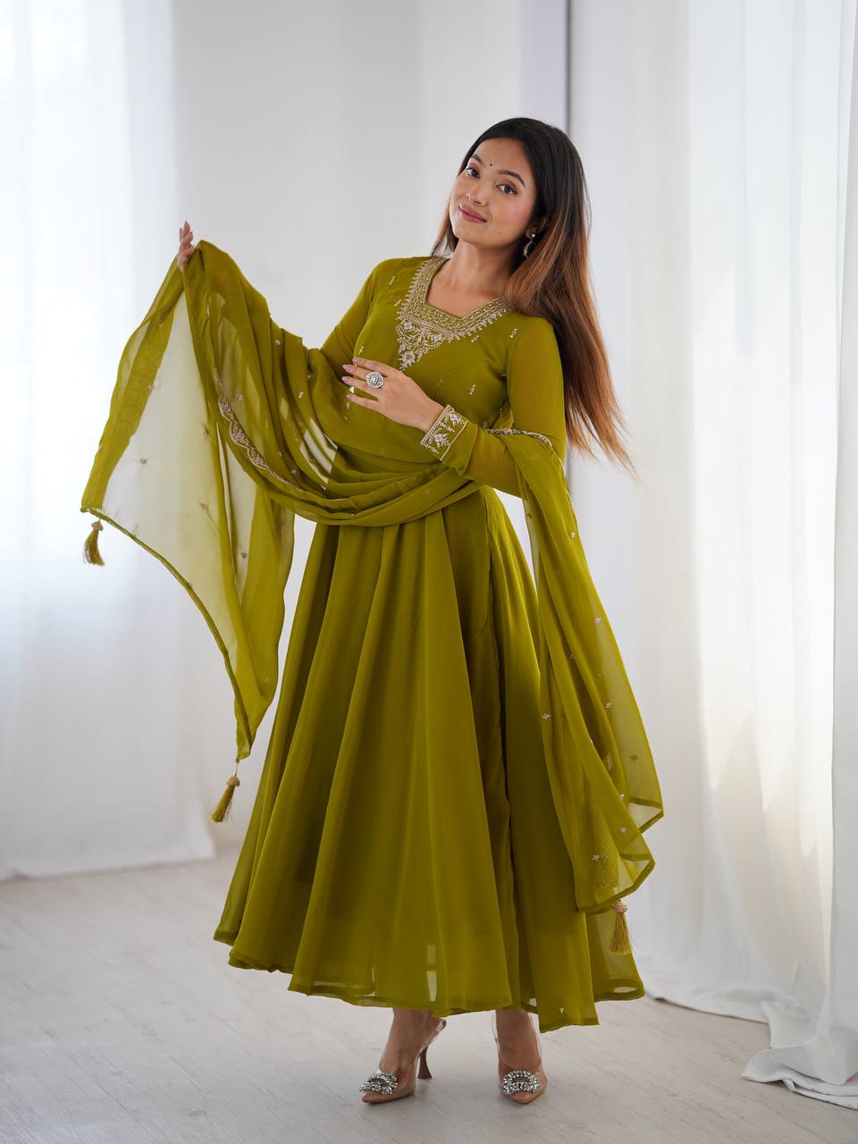 Stunning Mehendi Green Embroidered Georgette Anarkali Suit With Dupatta