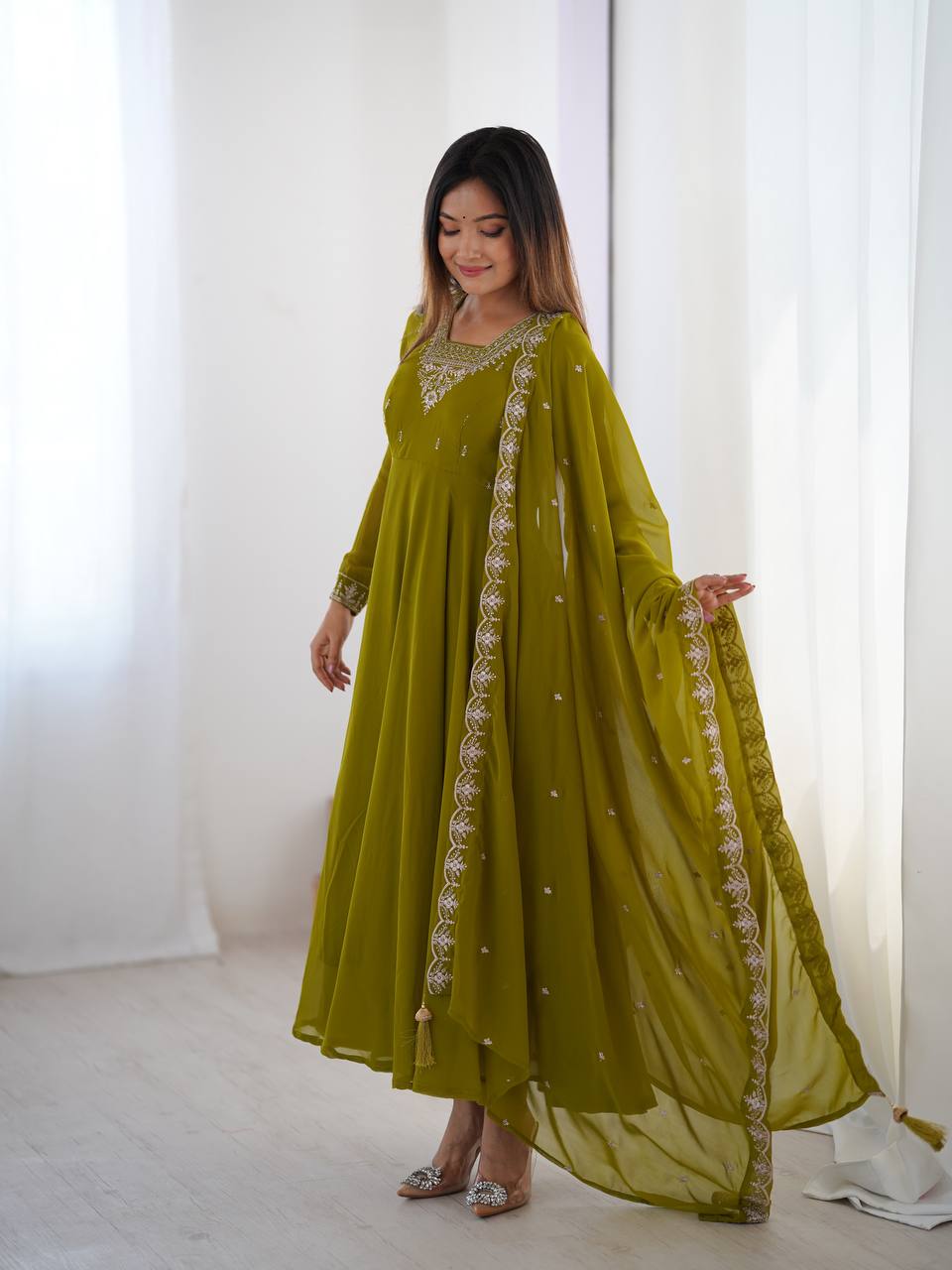 Stunning Mehendi Green Embroidered Georgette Anarkali Suit With Dupatta
