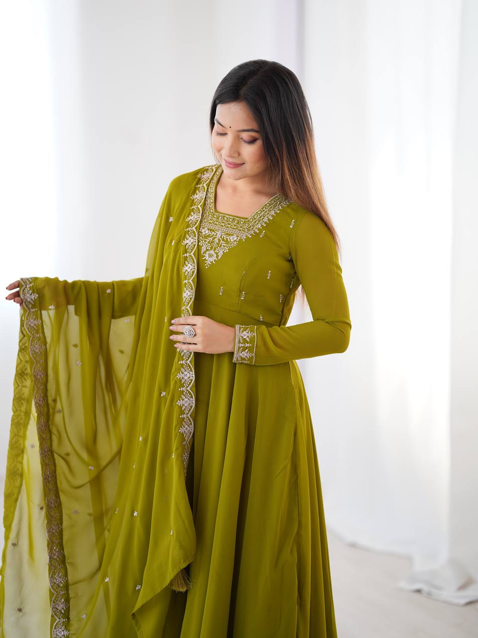 Stunning Mehendi Green Embroidered Georgette Anarkali Suit With Dupatta