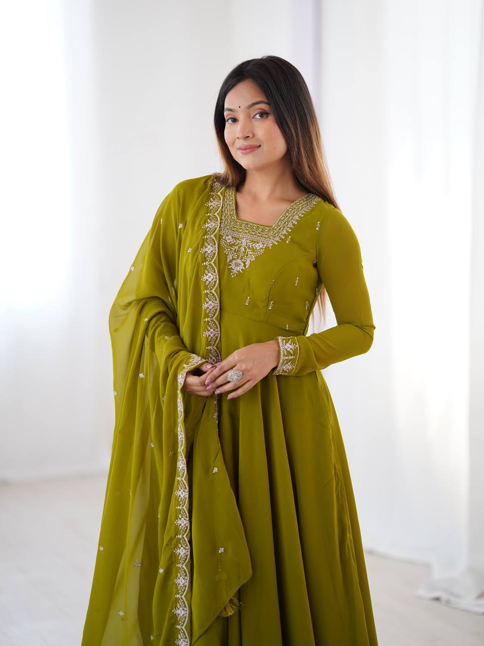 Stunning Mehendi Green Embroidered Georgette Anarkali Suit With Dupatta