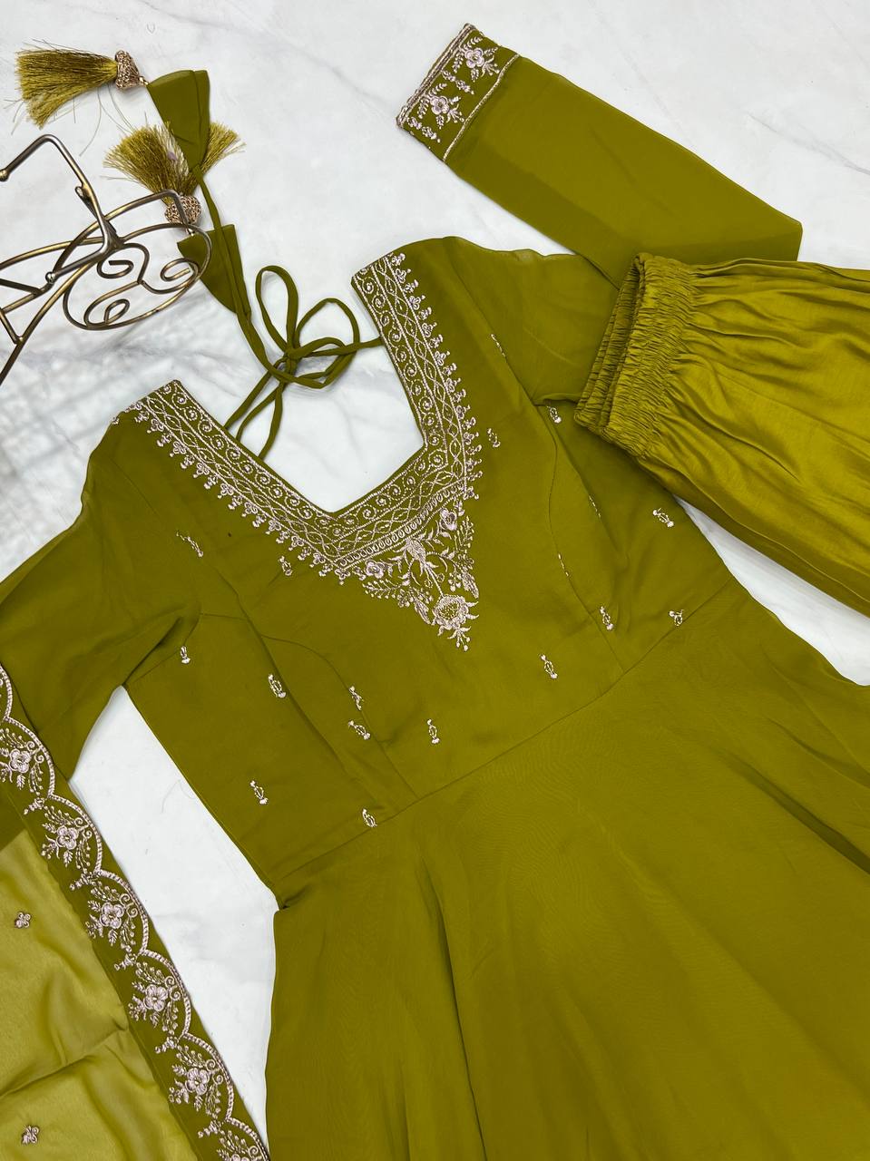 Stunning Mehendi Green Embroidered Georgette Anarkali Suit With Dupatta