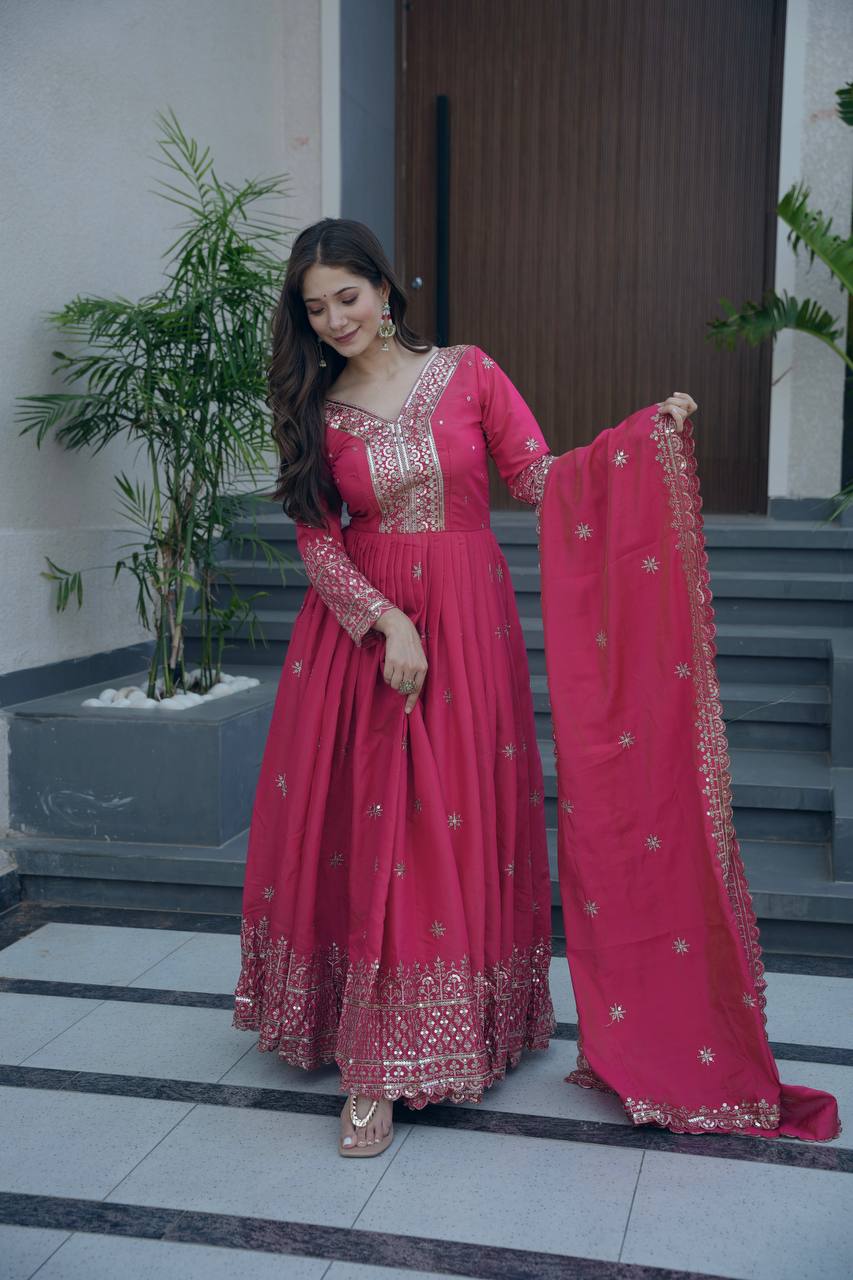 Rani Pink Designer Embroidered Anarkali Suit Set with Dupatta For Women Wear@#$%^&*()12345678